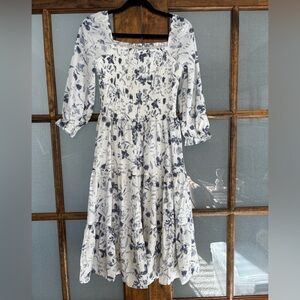 Baltic Born Blue and White Floral 3/4 Sleeve Midi Dress